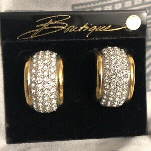 Rhinestone Half Hoop Clip On Earrings Gold Tone NOC